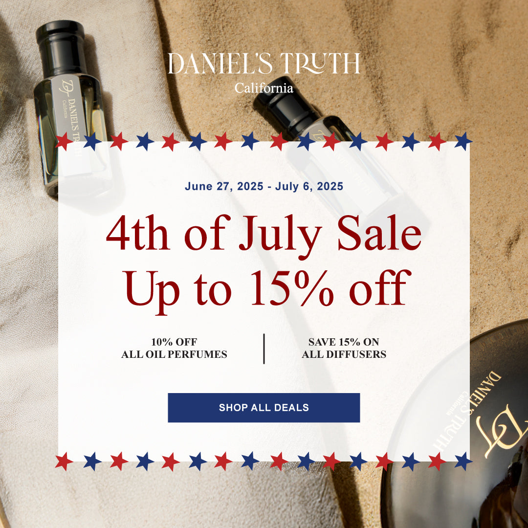 4th of July perfume sale banner with discount offers, oil perfumes on tan fabric background.
