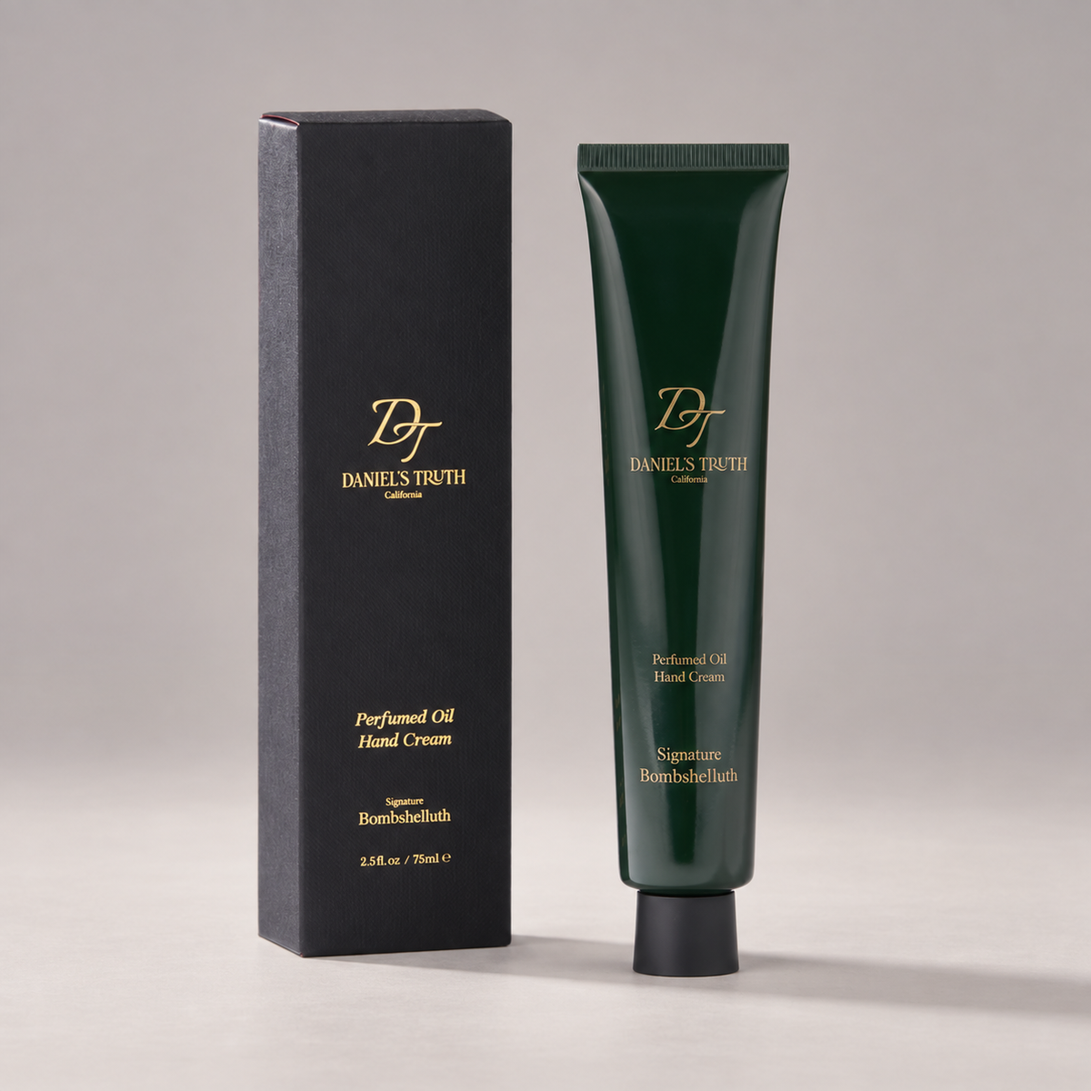 Daniel's Truth Signature Bombshelluth perfumed oil hand cream in a 75ml container showing a luxurious, elegant tube with floral accents.
