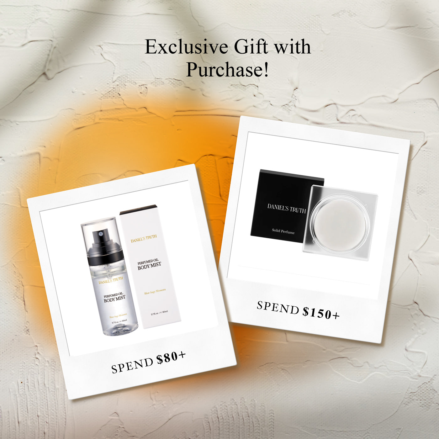 Exclusive gift offer featuring body mist and solid perfume against a textured background