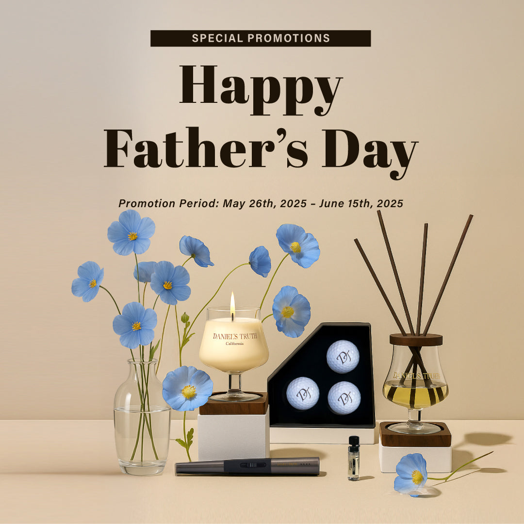 Father's Day promotion with candle, reed diffuser, flowers, golf balls, and gift items.